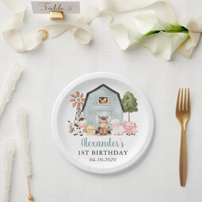 Farm Animals, Cute Animals, Barn, First Birthday Paper Plates (Wedding)