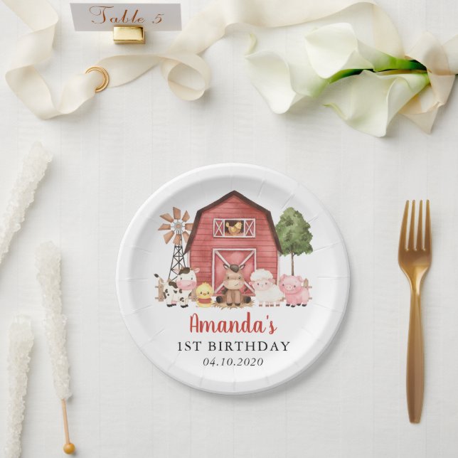 Farm Animals, Cute Animals, Barn, First Birthday Paper Plates (Wedding)