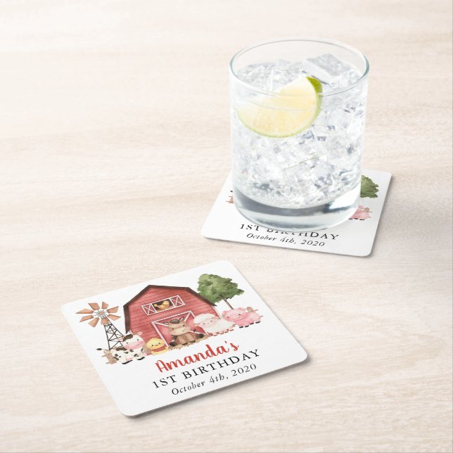 Farm Animals, Cute Animals, Barn, First Birthday Square Paper Coaster (Insitu)