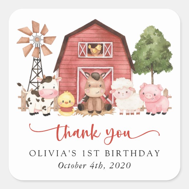 Farm Animals, Cute Animals, Barn, First Birthday Square Sticker (Front)