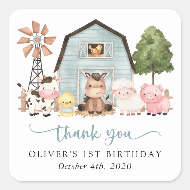 Farm Animals, Cute Animals, Barn, First Birthday Square Sticker (Front)