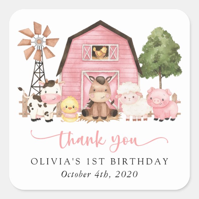 Farm Animals, Cute Animals, Barn, First Birthday Square Sticker (Front)