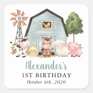 Farm Animals, Cute Animals, Barn, First Birthday Square Sticker
