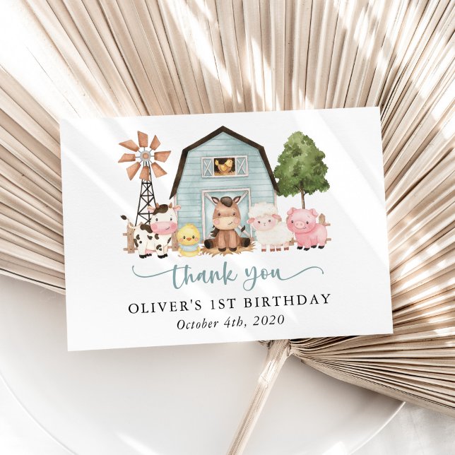 Farm Animals, Cute Animals, Barn, First Birthday Thank You Card (Creator Uploaded)