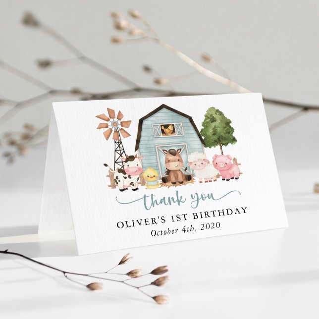 Farm Animals, Cute Animals, Barn, First Birthday Thank You Card (Creator Uploaded)