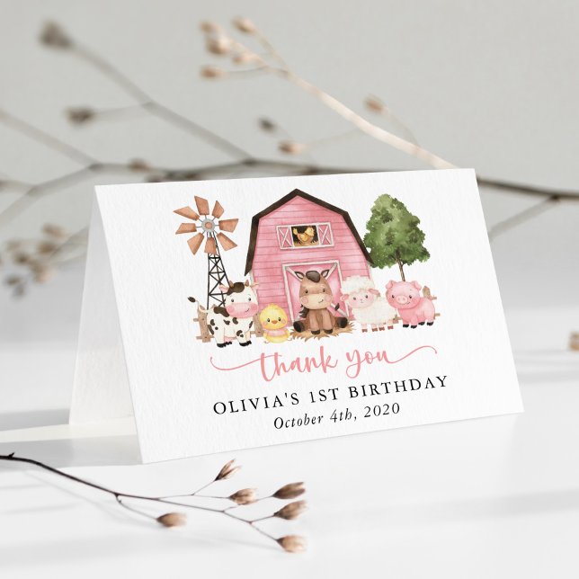 Farm Animals, Cute Animals, Barn, First Birthday Thank You Card (Creator Uploaded)