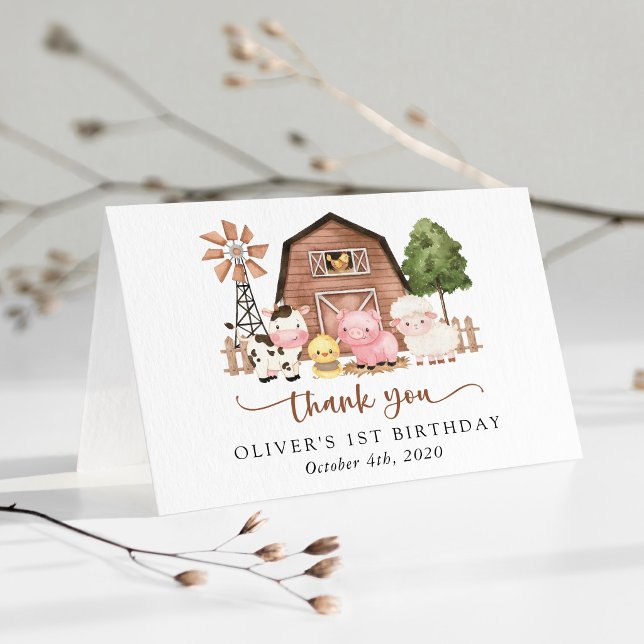 Farm Animals, Cute Animals, Barn, First Birthday Thank You Card (Creator Uploaded)
