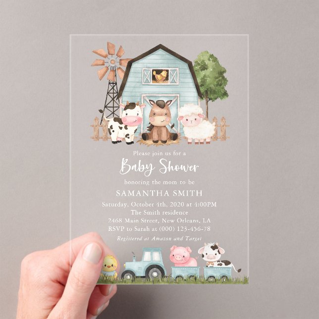 Farm Animals, Cute Animals, Blue Barn, Baby Shower Acrylic Invitations (Insitu (Handheld))