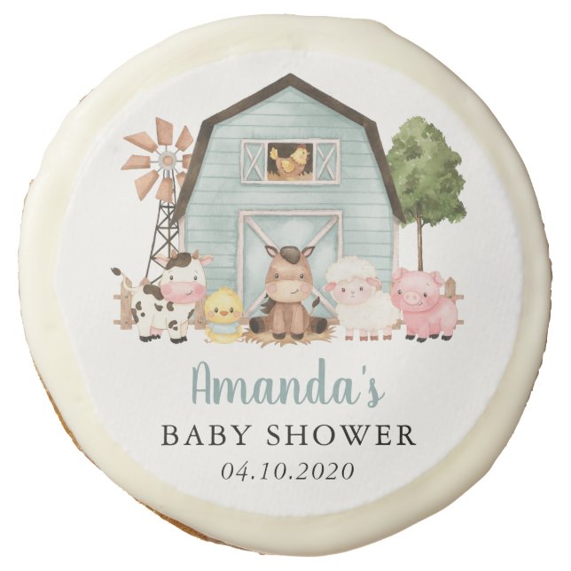 Farm Animals, Cute Animals, Blue Barn, Baby Shower Sugar Cookie (Front)