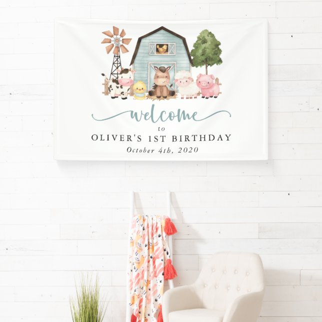 Farm Animals, Cute Animals, First Birthday Welcome Banner (Insitu)