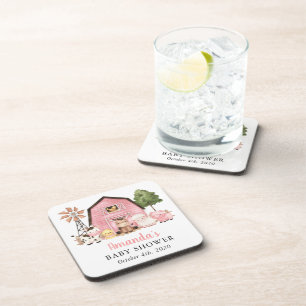 Farm Animals, Cute Animals, Pink Barn, Baby Shower Beverage Coaster