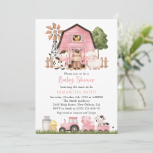 Farm Animals, Cute Animals, Pink Barn, Baby Shower Invitation