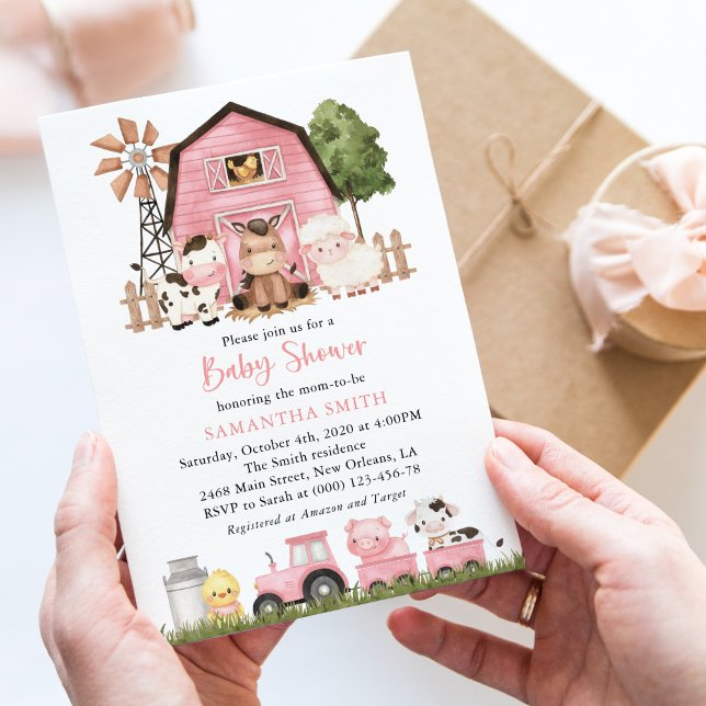 Farm Animals, Cute Animals, Pink Barn, Baby Shower Invitation (Creator Uploaded)