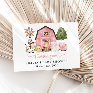 Farm Animals, Cute Animals, Pink Barn, Baby Shower Thank You Card