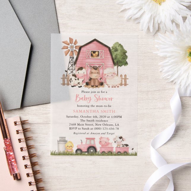 Farm Animals, Cute Animals, Pink Barn, Baby Shower Vellum Invitations (Wedding)