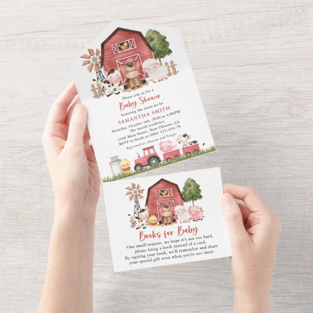Farm Animals, Cute Animals, Red Barn, Baby Shower All In One Invitation (Tearaway)