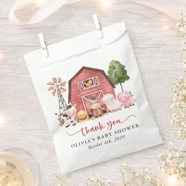 Farm Animals, Cute Animals, Red Barn, Baby Shower Favor Bag (Clipped)
