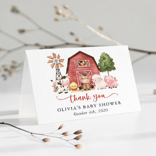 Farm Animals, Cute Animals, Red Barn, Baby Shower Letterpress Thank You Card