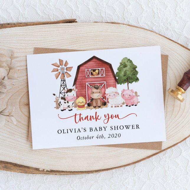 Farm Animals, Cute Animals, Red Barn, Baby Shower Thank You Card (Creator Uploaded)