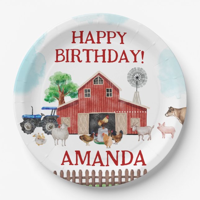 Farm Animals Cute Red Barnyard Farm Balloon Paper Plates (Front)