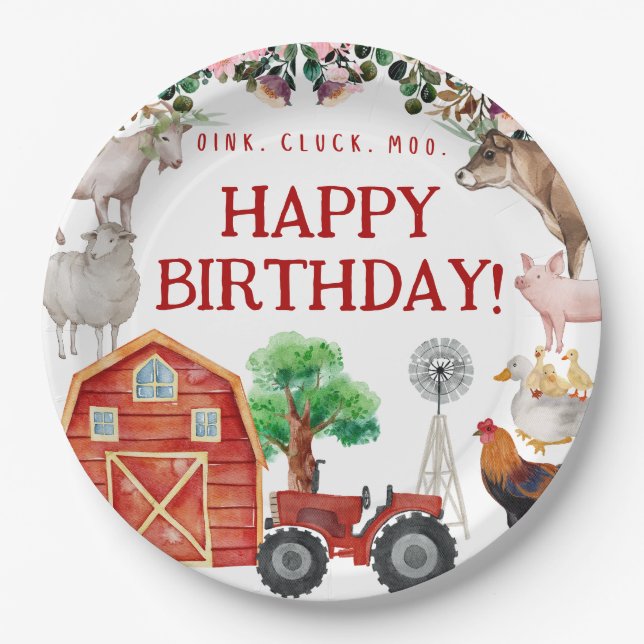 Farm Animals Cute Red Barnyard Farm Paper Plates (Front)