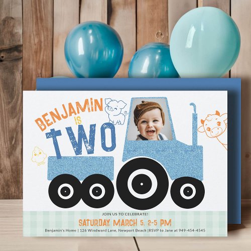 Farm Animals Denim Tractor Cute Photo 2nd Birthday Invitation