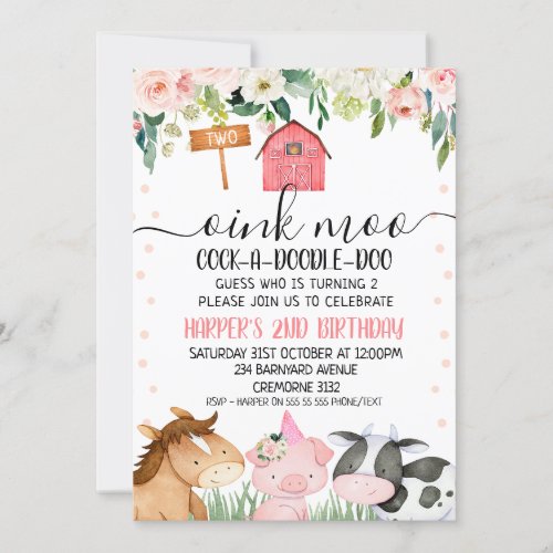 Farm Animals Floral 2nd Birthday Invitation