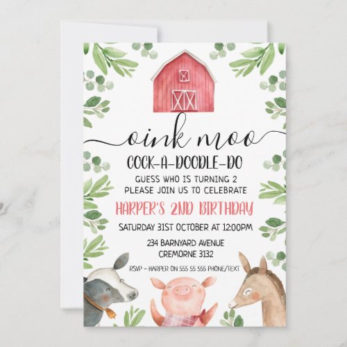 Farm Animals Foliage 2nd Birthday Invitation