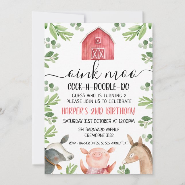 Farm Animals Foliage 2nd Birthday Invitation (Front)