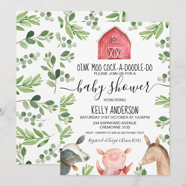 Farm Animals Foliage Baby Shower Invitation (Front/Back)