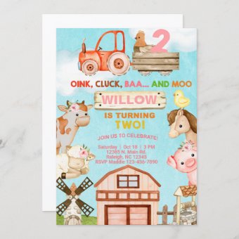 Farm animals girl 2nd birthday invitation. invitation | Zazzle