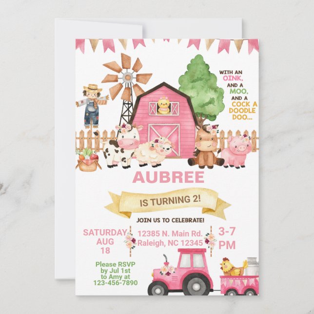 Farm animals girl ANY AGE birthday invitation. Invitation (Front)