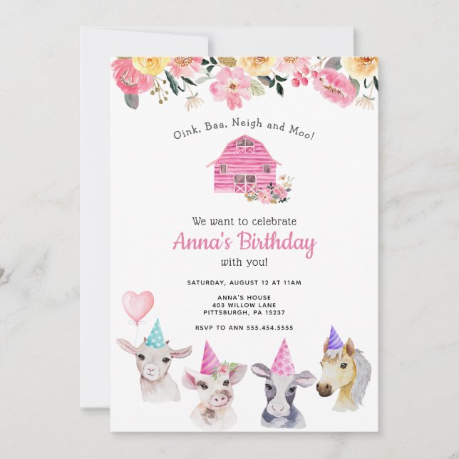 Farm Animals Girl Birthday Invitation (Front)