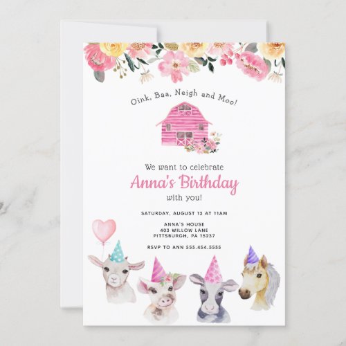Farm Animals Girl Birthday Invitation