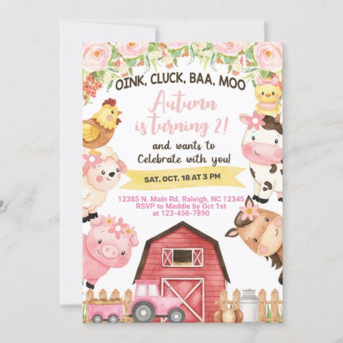 Farm animals girl birthday invitation invitation