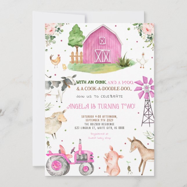 Farm Animals Girl Birthday Party Invitation (Front)