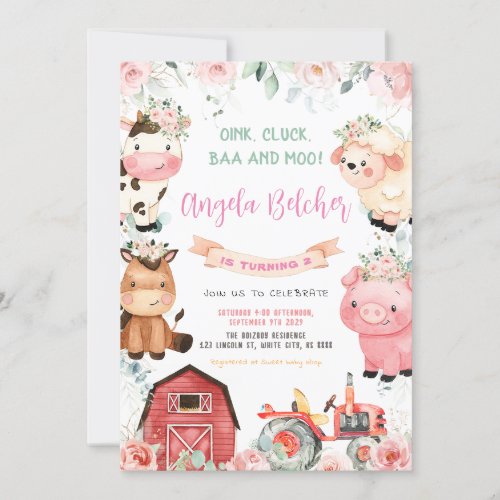 Farm Animals Girl Birthday Party Invitation