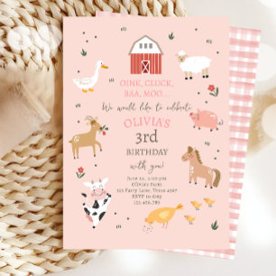 Farm Animals Girl Gingham Barnyard Birthday Invitation