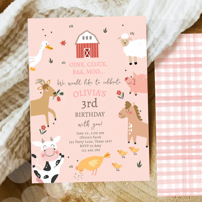 Farm Animals Girl Pink Gingham Barnyard Birthday I Invitation | Zazzle