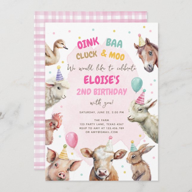 Farm Animals Girl Pink Gingham Barnyard Birthday I Invitation (Front/Back)
