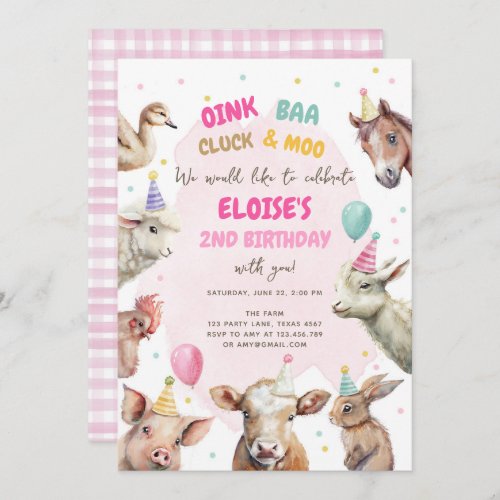 Farm Animals Girl Pink Gingham Barnyard Birthday I Invitation