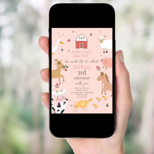 Farm Animals Girl Pink Gingham Barnyard Birthday I Invitation (Front Digital)