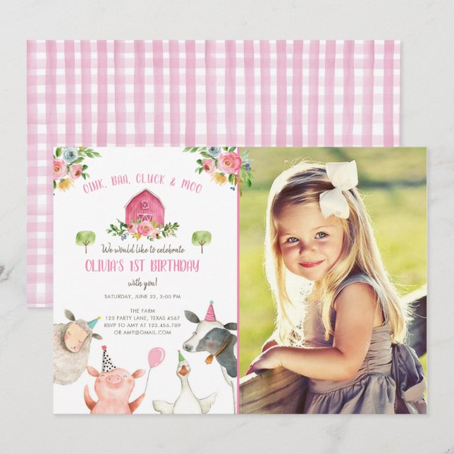 Farm Animals Girl Pink Gingham Barnyard Birthday Invitation (Front/Back)