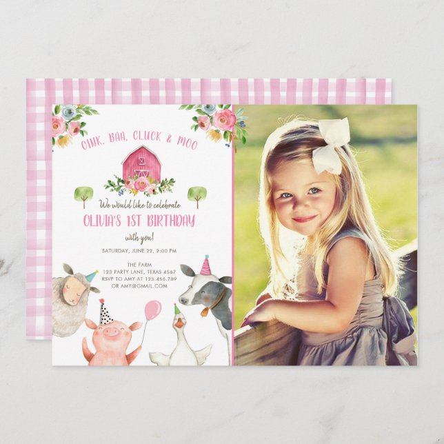Farm Animals Girl Pink Gingham Barnyard Birthday Invitation (Front/Back)