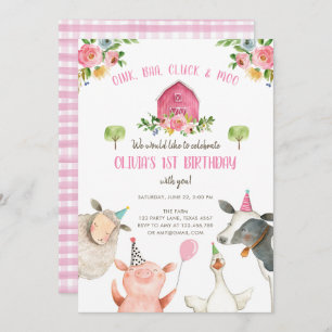 Farm Animals Girl Pink Gingham Barnyard Birthday Invitation