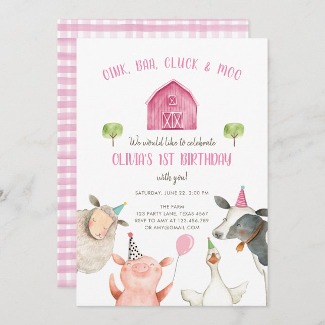 Farm Animals Girl Pink Gingham Barnyard Birthday Invitation (Front/Back)