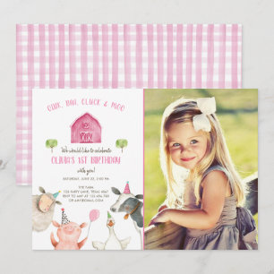 Farm Animals Girl Pink Gingham Barnyard Birthday Invitation