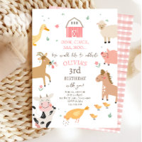 Farm Animals Girl Pink Gingham Barnyard Birthday Invitation