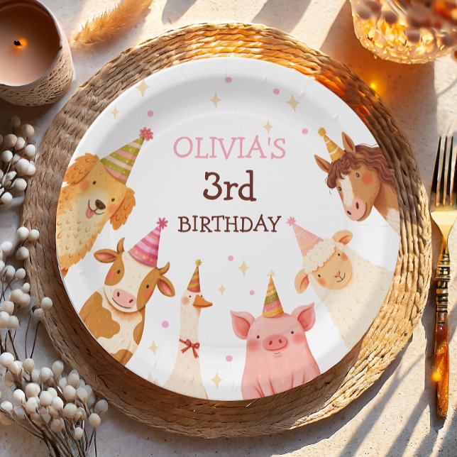 Farm Animals Girl Pink Gingham Barnyard Birthday Paper Plates (Creator Uploaded)