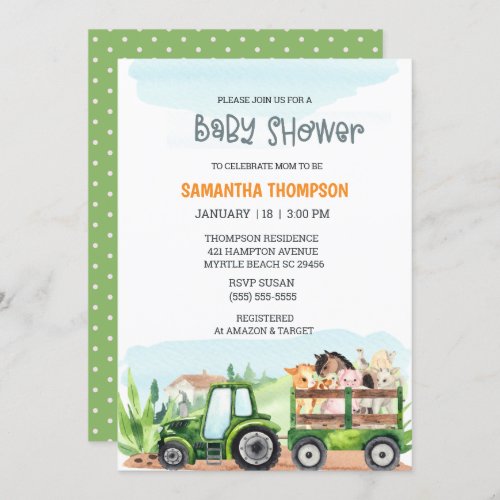   Farm Animals Green Tractor  Baby Shower     Invitation